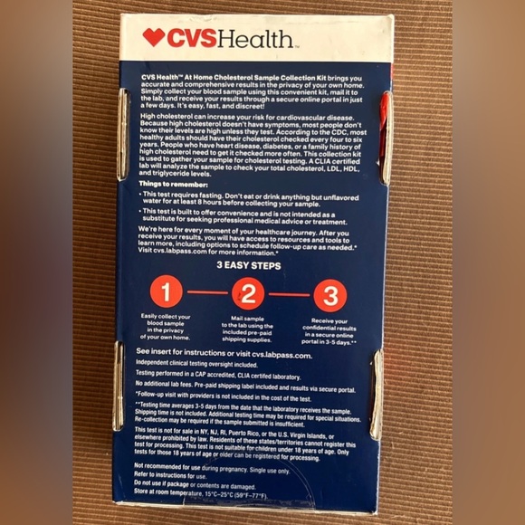 CVS Health CHOLESTEROL At Home Test Sample Kit  Exp  05/31/27 NEW Sealed - Picture 2 of 3